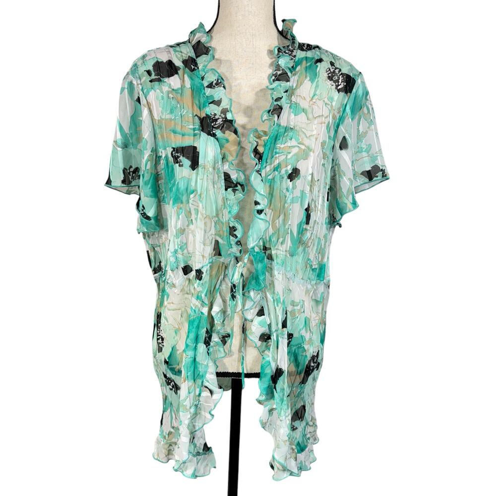 Dressbarn 2X-Large Overlay Top Abstract Sheer Ruffled Tie Front Flutter Sleeves